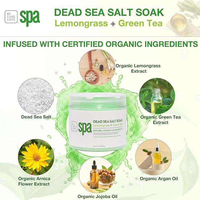 BCL SPA Dead Sea Salt Soak - Bath Salt with Organic Lemongrass + Green Tea, Shae Butter, Arnica, Aloe Vera Juice, Chamomile, Argan Oil & Jojoba Oil - Skin Exfoliator - Home/Professional Use 16 fl oz-VivaGrace Women