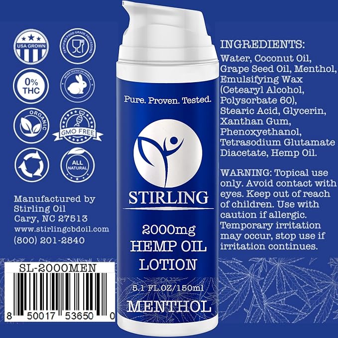 STIRLING Menthol Lotion + Hemp Oil – Maximum strength relief with cooling menthol and 100% pure hemp oil to soothe joints, relax muscles, and hydrate with aloe vera. 5 fl oz. (2000mg, Menthol)-VivaGrace Women