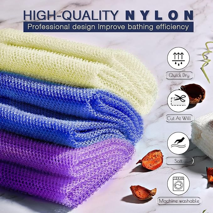 UJFQBH 3 Pieces African Bath Sponge African Net Long Net Bath Sponge Exfoliating Shower Body Scrubber Back Scrubber Skin Smoother,Great for Daily Use (Purple,Blue,Off-White)-VivaGrace Women