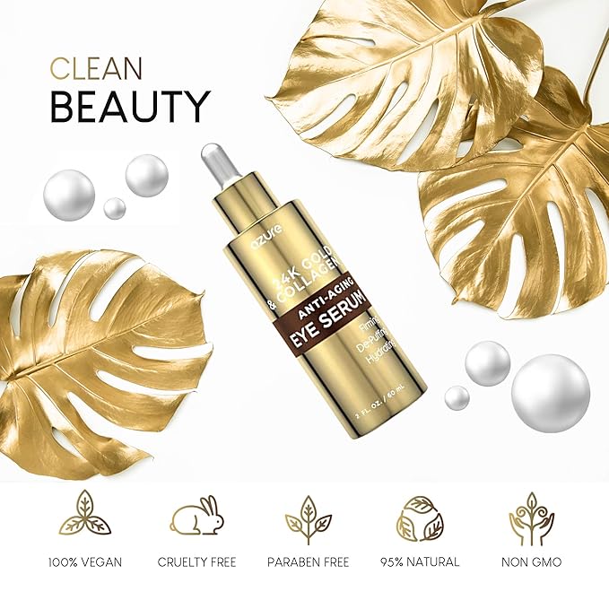 AZURE 24K Gold & Collagen Anti Aging Eye Serum - Firming, De-Puffing & Hydrating | Reduces Wrinkles, Fine Lines & Under Eye Bags | Minimize Signs of Aging | Made in Korea - 60mL-VivaGrace Women