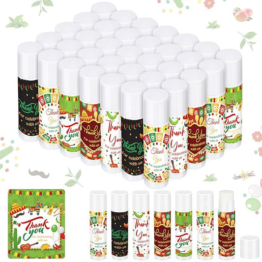Dunzy 50 Pcs Thank You Gift Lip Balm Bulk Baby Shower Party Favors Bridal Shower Favor Lip Care with Assorted Fruit Flavors Thank You Lipstick for Guest Basket Gift Stuffer (Mexico Party)-VivaGrace Women