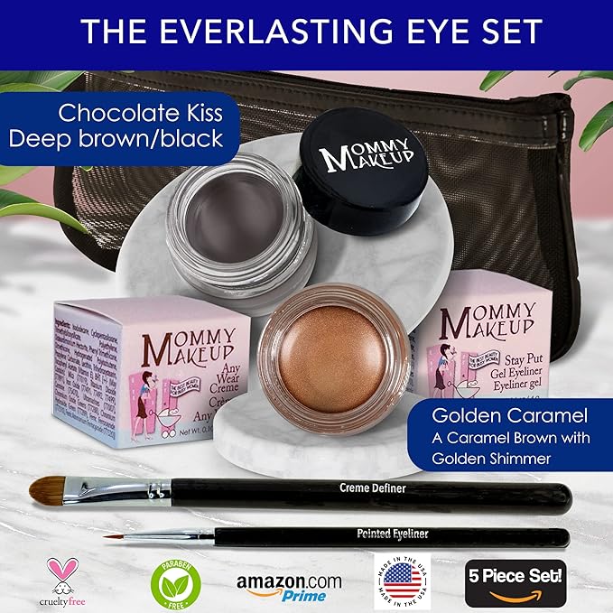 The Everlasting Eye 5 Piece Waterproof Makeup Set. Gel Eyeliner, Creme Eyeshadow, 2 brushes and Mesh Bag. Paraben-free, Talc-free, Cruelty-free. Golden Caramel/Chocolate Kiss 1502-VivaGrace Women
