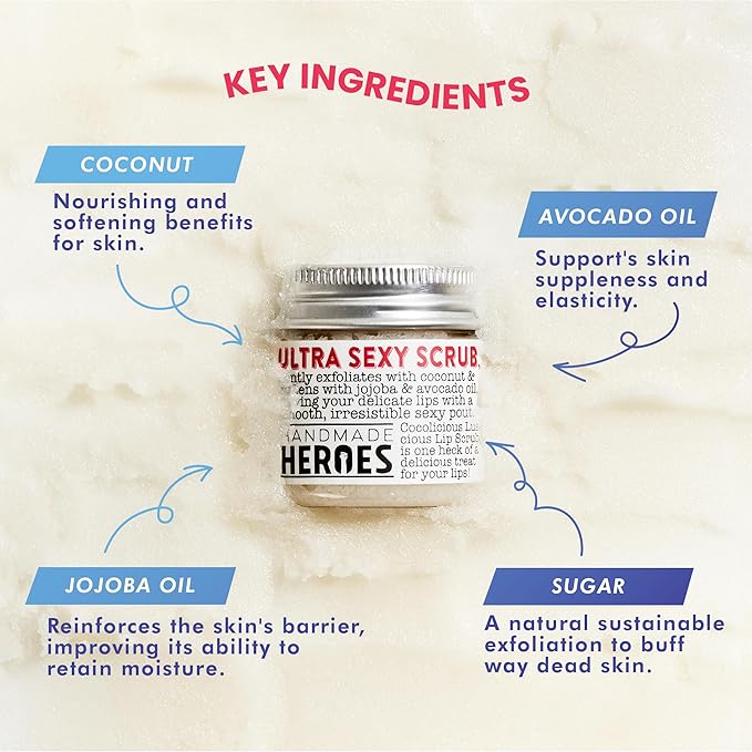 Handmade Heroes 100% Natural Lip Scrub, Vegan Conditioning Coconut Exfoliator - Gentle Exfoliant, Sugar Polish and Scrubber for Chapped Dry Lips, 1oz (Coconut Sorbet)-VivaGrace Women