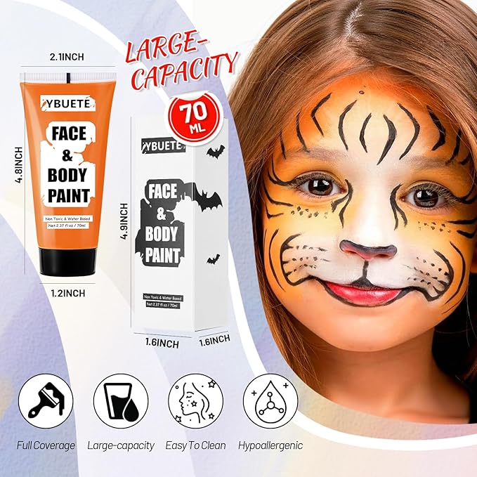 Orange Water Based Face Body Paint, 2.37 OZ Large Tube Full Coverage Face Paint for Tiger Pumpkin Cosplay, Washable Orange Body Painting Cream for Adult Carnival Halloween SFX Makeup-VivaGrace Women