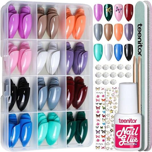 Teenitor 12 Colors Almond Press On Nails Short Length, Almond Shaped Press On Nails With Glue, Press On Nails Medium Almond, Almond Acrylic Nails Press On Almond Nails