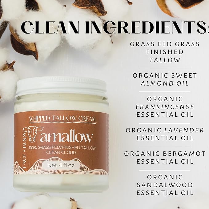 Amallow 100% Grass Fed Beef Tallow for Skin Care - Face + Body - Whipped Moisturizer - Natural Lotion, 4 FL. oz. (Clean Cloud)-VivaGrace Women