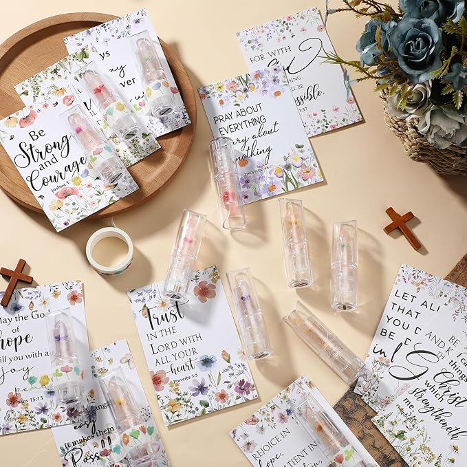 12 Sets Christian Lip Balms with Inspirational Bible Verse Card Bulk Gifts for Women Flower Sign Taste Lip Balm with Tag for Employee Coworker Teacher Family Church Wedding Favor-VivaGrace Women