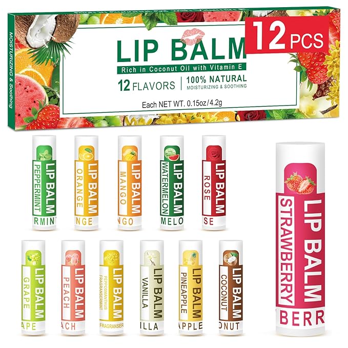 DMSKY 12 Pack Lip Balm, Natural Lip Balm Bulk with Vitamin E and Coconut Oil, Moisturizing Lip Balm for Dry Cracked Lips, Lip Balm for Stocking Stuffers - 12 Flavors-VivaGrace Women