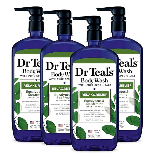 Dr Teal's Body Wash with Pure Epsom Salt, Relax & Relief with Eucalyptus & Spearmint, 24 fl oz (Pack of 4) (Packaging May Vary)-VivaGrace Women