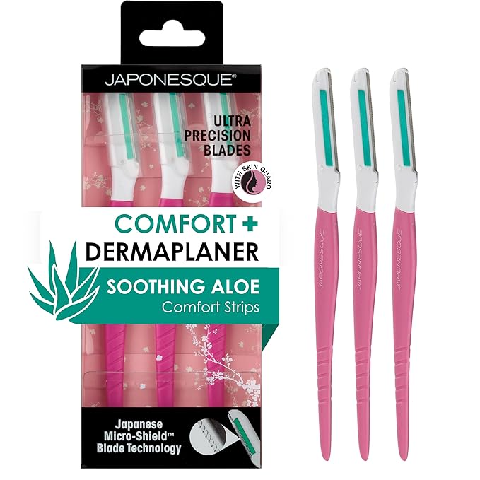 JAPONESQUE Dermaplaner with Soothing Aloe Comfort Strip - Skin Tool with Ultra Precision Blade for Facial Hair Removal and Exfoliation, 3pk.-VivaGrace Women