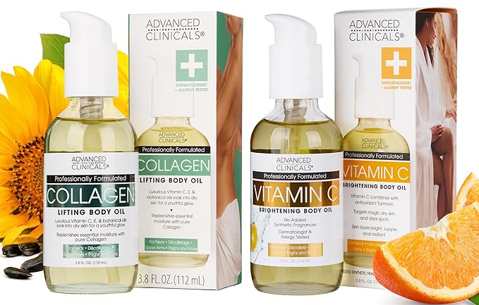 Advanced Clinicals Collagen Body Oil + Vitamin C Brightening Body Oil Moisturizer 2pc Skincare Set - Nourishing, Brightening, & Firming Massage Oil To Improve Look Of Crepe Skin + Dark Spots, 2PC Set-VivaGrace Women
