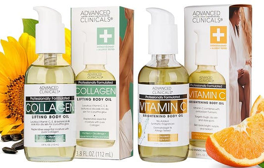 Advanced Clinicals Collagen Body Oil + Vitamin C Brightening Body Oil Moisturizer 2pc Skincare Set - Nourishing, Brightening, & Firming Massage Oil To Improve Look Of Crepe Skin + Dark Spots, 2PC Set-VivaGrace Women