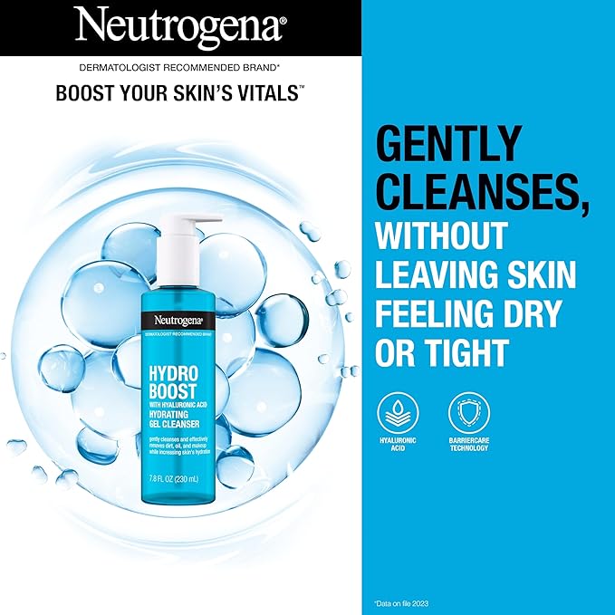 Neutrogena Hydro Boost Facial Cleansing Gel, Hydrating Gentle Face Cleanser and Makeup Remover with Hyaluronic Acid, Hypoallergenic Formula, 7.8 FL OZ
