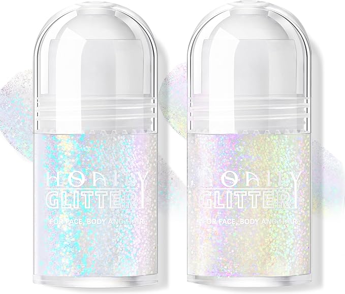 2 Colors Roll-on Body Glitter Gel, Holographic Glitter Gel Under Light for Face Hair, Body Shimmer for Rave Accessories Christmas New Year Halloween Makeup (9+10)-VivaGrace Women