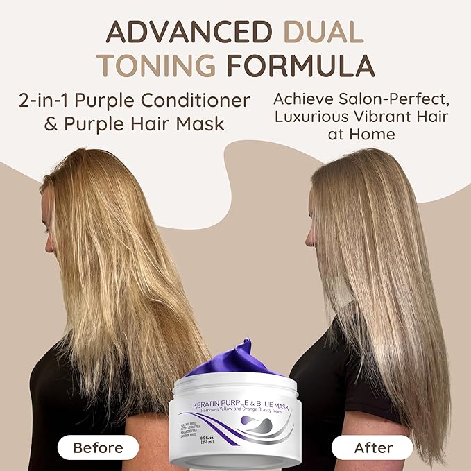 VITAMINS hair cosmetics Keratin Purple Hair Mask - Violet Blue Protein Deep Conditioner Treatment - Toner for Blonde Platinum Silver Gray Ash or Brown Colored Dry and Damaged Brassy Hair-VivaGrace Women