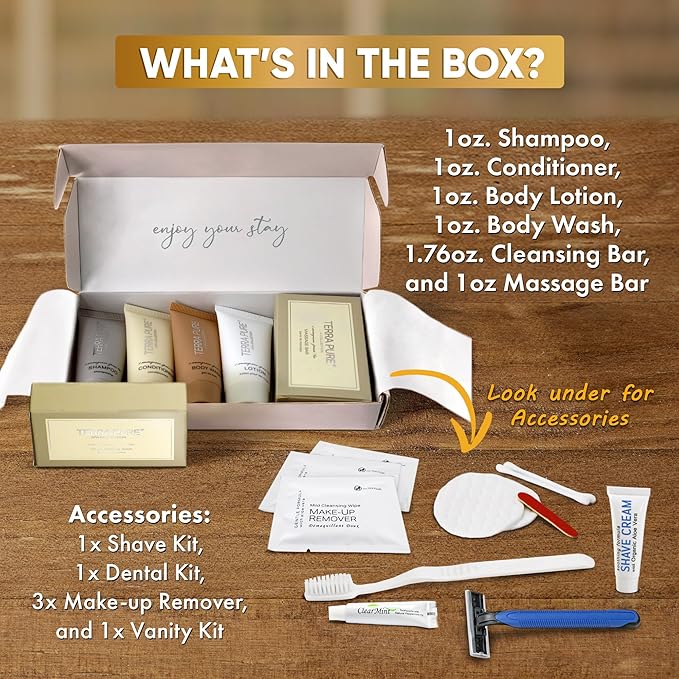 Terra Pure Spa Collection Amenity & Accessory Kit |1 oz Travel Size Shampoo, Conditioner, Lotion, Body Wash, 2 Soap Bars, Shave & Dental Sets, Make-Up Remover Wipes, & Vanity Kit | 1 set per case-VivaGrace Women