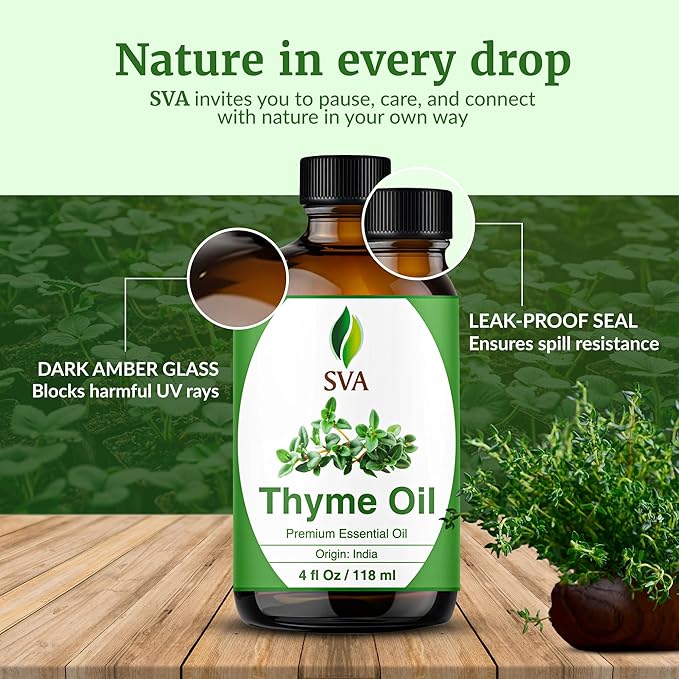 SVA Thyme Essential Oil – 4 Fl Oz – 100% Natural Thyme Oil - for Diffuser, Hair Care, Face, Skin Care, Aromatherapy, Scalp and Body Massage, Soap and Candle Making – with Dropper-VivaGrace Women