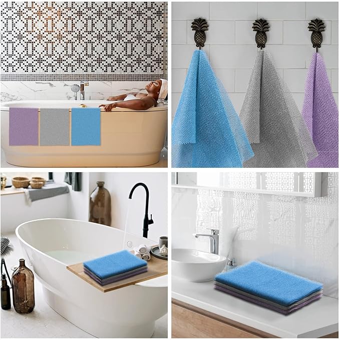 UJFQBH 3 Pieces African exfoliating net African Net Long Net Bath Sponge Exfoliating Shower Body Scrubber Back Scrubber Skin Smoother,Great for Daily Use (Purple Gray Blue)-VivaGrace Women