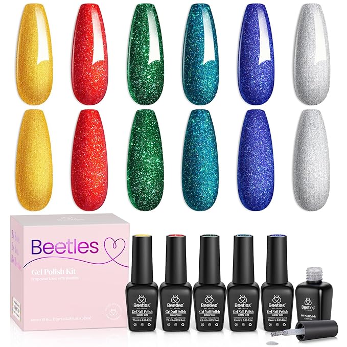 Beetles Glitter Gel Nail Polish, 6 Colors Red Green Gel Nail Polish Set Soak Off Uv LED Nail Lamp Reflective Glitter Nail Art DIY Home Nails Manicure Gifts for Women Her Girls-VivaGrace Women