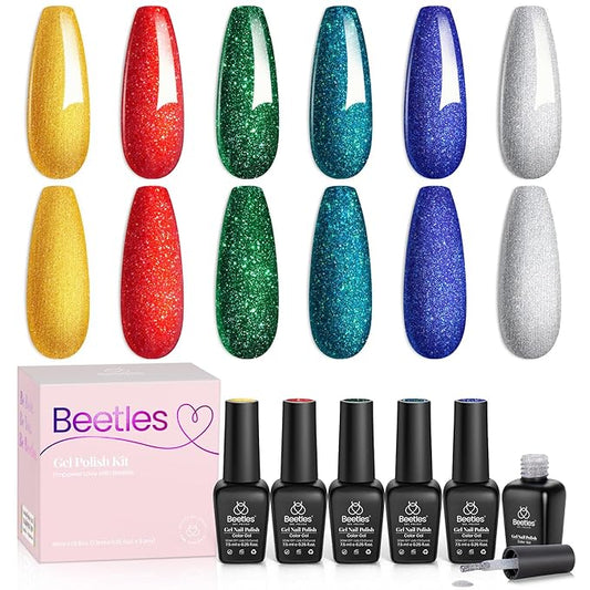 Beetles Glitter Gel Nail Polish, 6 Colors Red Green Gel Nail Polish Set Soak Off Uv LED Nail Lamp Reflective Glitter Nail Art DIY Home Nails Manicure Gifts for Women Her Girls-VivaGrace Women
