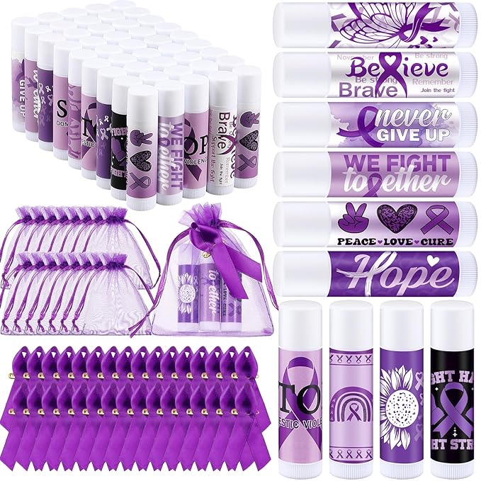 50 Set Overdose Awareness Lip Balms Gifts with 50 Organza Bags 50 Purple Awareness Ribbon Pins Raise Awareness for Domestic Violence Pancreatic Cancer Lupus Alzheimer's Awareness-VivaGrace Women