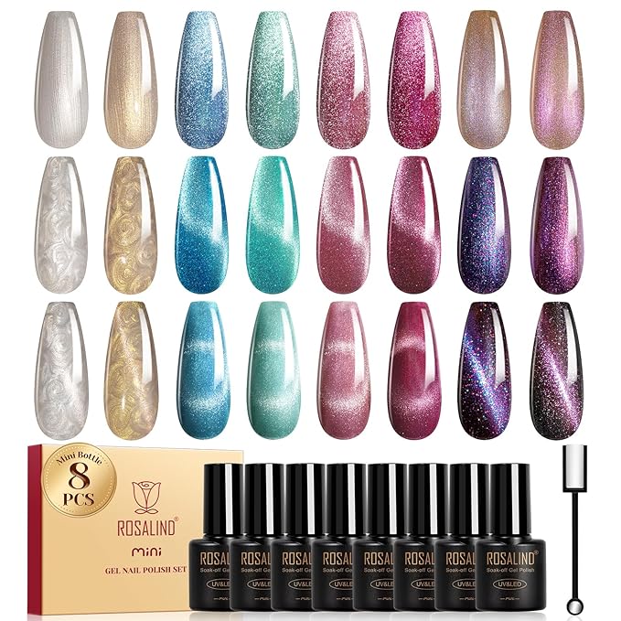 ROSALIND Cateye Gel Polish, 8 Colors Holographic Magnetic Cat Eye Gel Nail Polish Set with Magnet, Red Blue Purple Black Gel Polish Galaxy Collection Nail Art Gift DIY at Home-VivaGrace Women