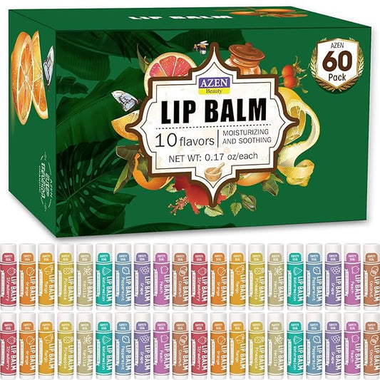 AZEN 60 Pack Lip Balm, Natural Lip Balm Bulk, Lip Care Product, Moisturizing Lip Balm for dry cracked lips - 10 Flavors-VivaGrace Women