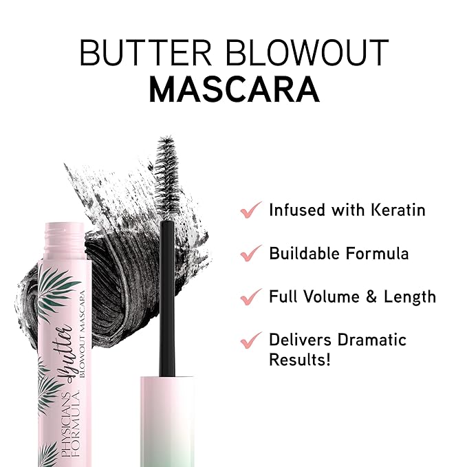 Physicians Formula Butter Blowout Mascara Black, Keratin Infused, Volumizing Mascara, Buildable, Lengthening Mascara, Defining, Curling, Multiplying, Blackest Black