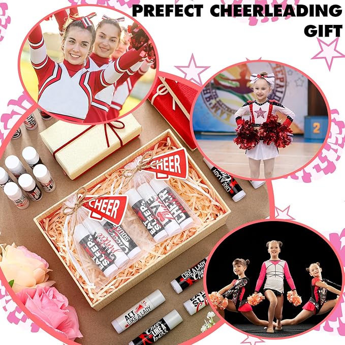50 Sets Cheer Gifts Bulk 50 Cheer Lip Balm Bulk Moisturizing with 50 Organza Drawstring Gift Bags 50 Tags Cheerleader Gifts Cheer Gifts Bulk for Team (Red)-VivaGrace Women