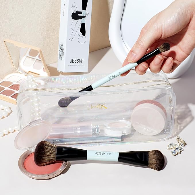 Jessup Makeup Brushes 2pcs Double Sided Foundation Brush Contour Brush Dual Ended Eye Blending Brush, Multi-functional Cosmetic Brush Bright Cyan T502-VivaGrace Women