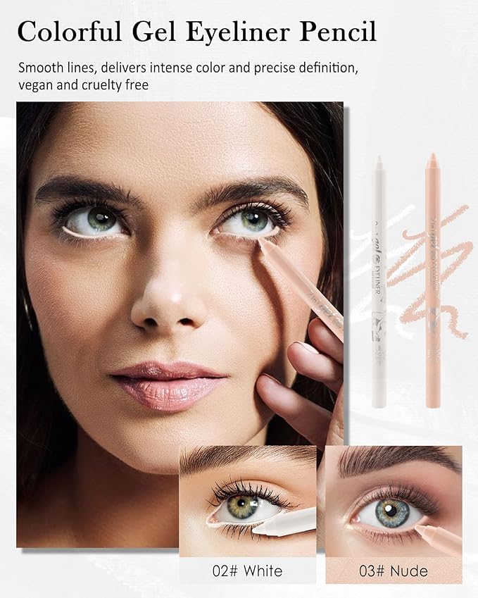 White Nude Waterline Eyeliner Gel Pencil, Long Stay Eyeliner Waterline Waterproof Smudge-Proof, Safe for Sensitive Eyes, Eye Liner Brightener Pen with Sharpener, Soft Cream Rich Color Eye Makeup Pen