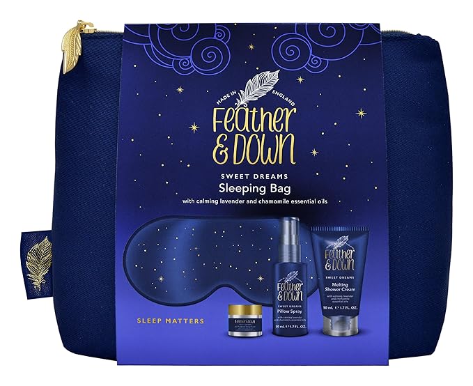 Feather & Down Sleeping Bag Gift Set: Luxury Eye Mask, Sleep Balm, Pillow Spray and Shower Cream, with Calming Lavender & Chamomile Essential Oils, Vegan & Cruelty Free-VivaGrace Women