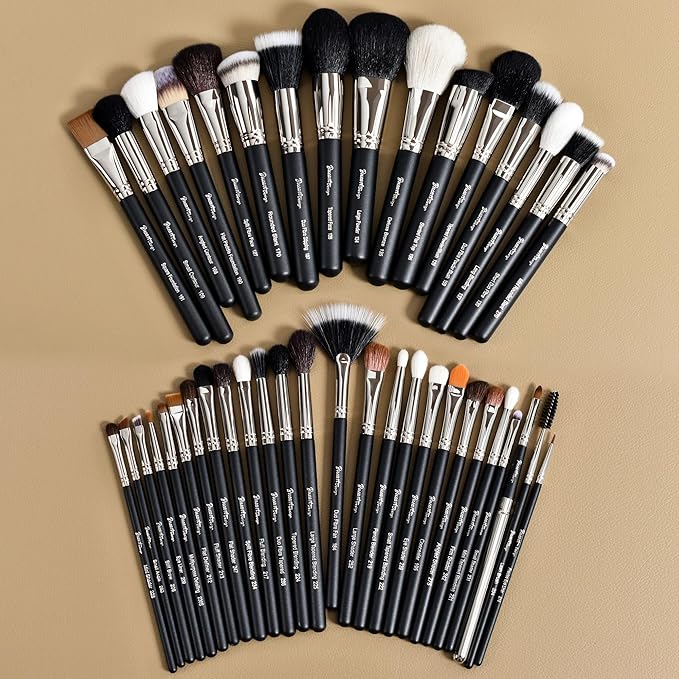 Makeup Artist MUST HAVES 42Pcs Makeup Brushes Set with Real Natural Goat Hair By BUEART DESIGN (42Pcs Matte Pearl Black)-VivaGrace Women