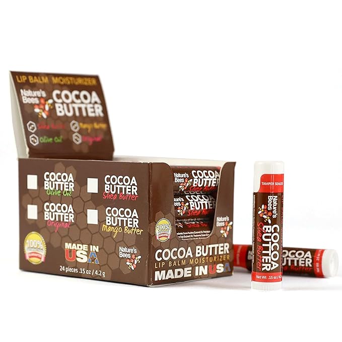 Nature's Bees - Cocoa Butter Lip Balm Moisturizer - Shea Butter Flavor 24 Pack - Hydrating Lip Balm - Made w/Coconut Oil, Beeswax, Vitamin E, Aloe - Made in USA - Beauty & Lip Care - 0.15oz (4.2g)-VivaGrace Women