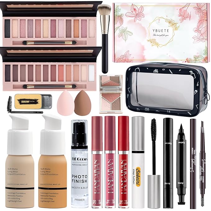 Makeup Set Kit for Women Full Kit, Makeup Gift for Makeup Beginner, Eyeshadow Foundation Face Primer Brush 3 in 1 Palette Lip Gloss, Eyebrow Soap Mascara Eyeliner cosmetic bag-VivaGrace Women