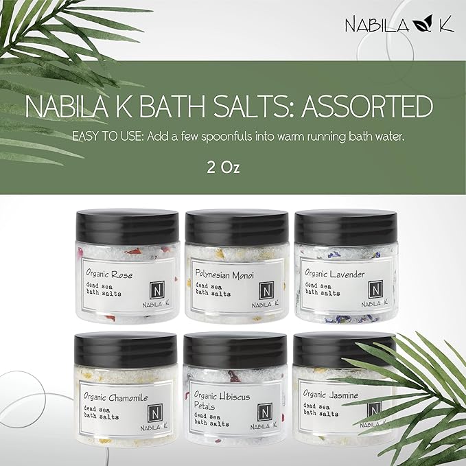 Assorted Bath Salts (Set of 6) by Nabila K - Dead Sea Salt & Epsom Salt Scrub & Soak - Exfoliates & Hydrates Skin, Botanical Essential Oils - Bubble Bath Accessories for All Skins Types, 2 oz-VivaGrace Women