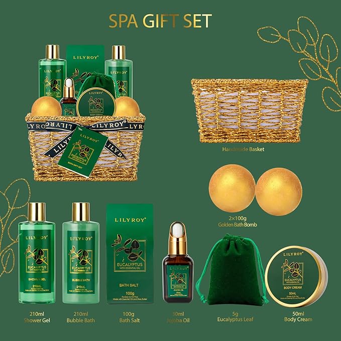 Bath & Body Gift Basket for Mothers Day - 10-Piece Eucalyptus Luxury Spa Set for Women & Men, Relaxation, Aromatherapy Ideal for Christmas, Father’s Day, Birthday with Shower Gel & More for Her & Him-VivaGrace Women
