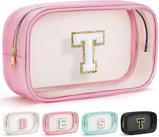 YOOLIFE Travel Toiletry Bag for Women, Pink Clear Makeup Bag Cute Make Up Bag for Women Cosmetic Bags Skin Care Makeup Bag Organizer Birthday Gifts for Women Teacher Mother Girlfriend Initial T-VivaGrace Women