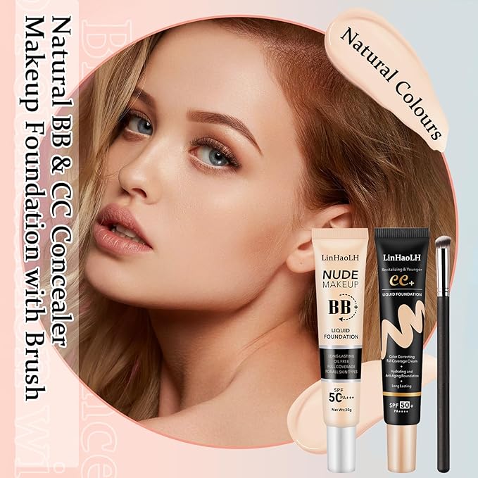 Full Coverage Concealer Foundation,Oil Control Long Lasting Lightweight BB Cream Tinted Face Moisturizer with SPF 50+ PA+++,Moisturizing CC Cream Liquid Foundation Makeup Brush Set（2 Pack）-VivaGrace Women
