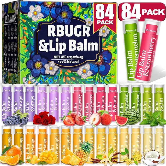 84 Pack of Lip Balm, 12 Flavored Lip Balms Natural Organic Vitamin E Lip Balm Pack for Dry Cracked Lips, Moisturising Lip Balm Bulk Gifts Stocking Stuffers Party Favors(4.2g/0.15oz)-VivaGrace Women