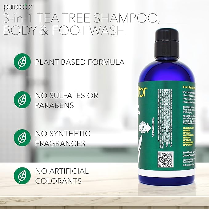 PURA D'OR 3-in-1 Tea Tree Shampoo, Body & Foot Wash, Shampoo (16oz x3 = 48oz) Total Body Care - Foot Odor & Daily Hygiene, Cleansing Routine, Post-Workout Refreshment - Soothes, Invigorates, Nourishes-VivaGrace Women
