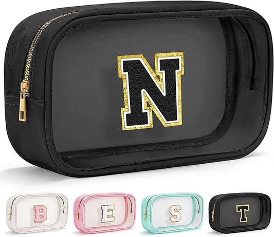 YOOLIFE Initial Travel Makeup Bag Pouch, Clear Toiletry Bag for Women Travel Accessories Cosmetic Bag Skin Care for Teen Make Up Bags Birthday Gifts for Women Unique Teacher Mom Friends Gifts Black N-VivaGrace Women