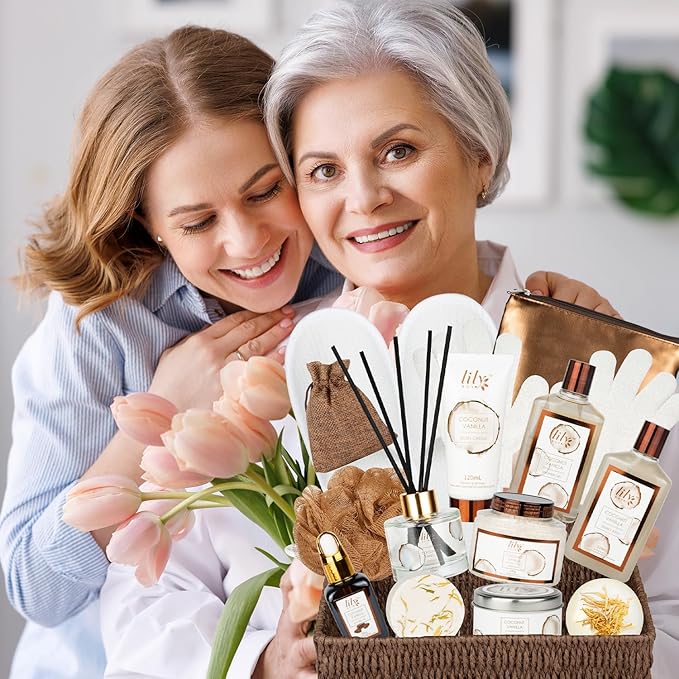 Bath and Body Gift Basket Set for Women - Coconut Vanilla Spa Gift Basket for Women 17-Piece Luxury Bath Gift Set with Shower Gel Self Care Pampering Gifts for Mothers Day, Christmas, Birthday Gifts-VivaGrace Women