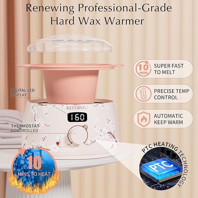 KOTAMU Waxing Kit for Women & Men, Wax Warmer for Hair Removal, Digital Wax Kit with Silicone Pot，Ideal for Face Eyebrow Arm Legs Armpit &Sensitive Skin, Cherry Waxing Machine for Home Salon Use-VivaGrace Women