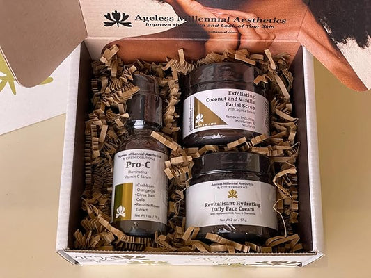 Ageless Millennial Aesthetics - Days Skin Care Gift Box - 1 Exfoliating Coconut Scrub - 2.0oz, 1 Pro-C Illuminating Antioxidant Serum - 1.0oz, and 1 Revitalisant Hydrating Cream - 2.0oz-VivaGrace Women