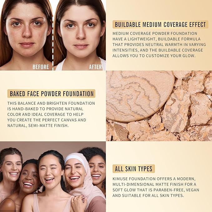 KIMUSE Lighting Glow Baked Foundation, Brighten Color, Color Corrector, Buildable Coverage, Lightweight Powder Foundation, Radiant Natural Finish-VivaGrace Women