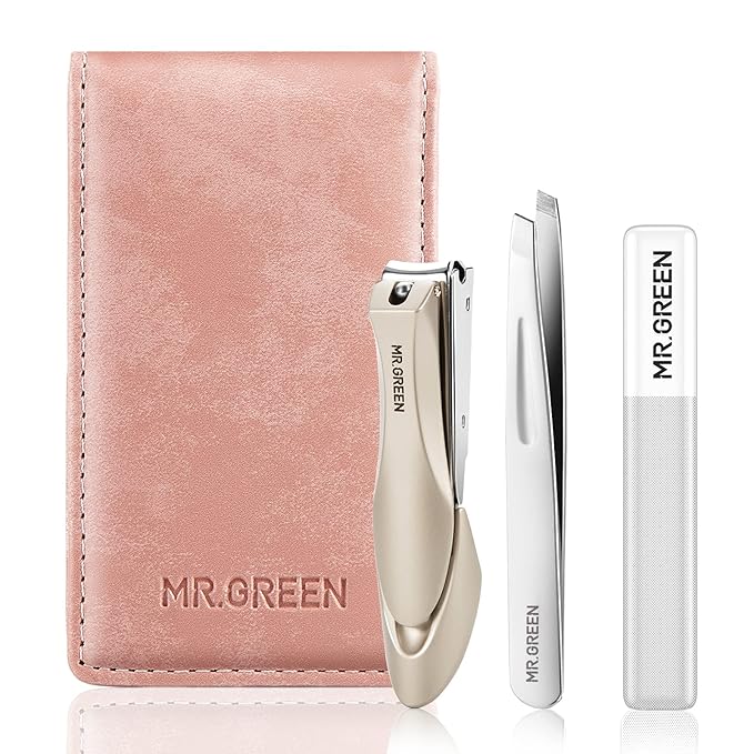 MR.GREEN Nail Clipper 3Pcs Set, Stainless Steel Manicure Pedicure Set with Nail Clippers, Glass Nail File & Tweezers, Medical Grade Grooming Kit with Travel Case Gift Box for Man & Woman (Pink)-VivaGrace Women