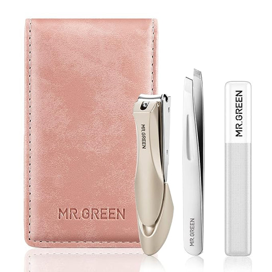 MR.GREEN Nail Clipper 3Pcs Set, Stainless Steel Manicure Pedicure Set with Nail Clippers, Glass Nail File & Tweezers, Medical Grade Grooming Kit with Travel Case Gift Box for Man & Woman (Pink)-VivaGrace Women