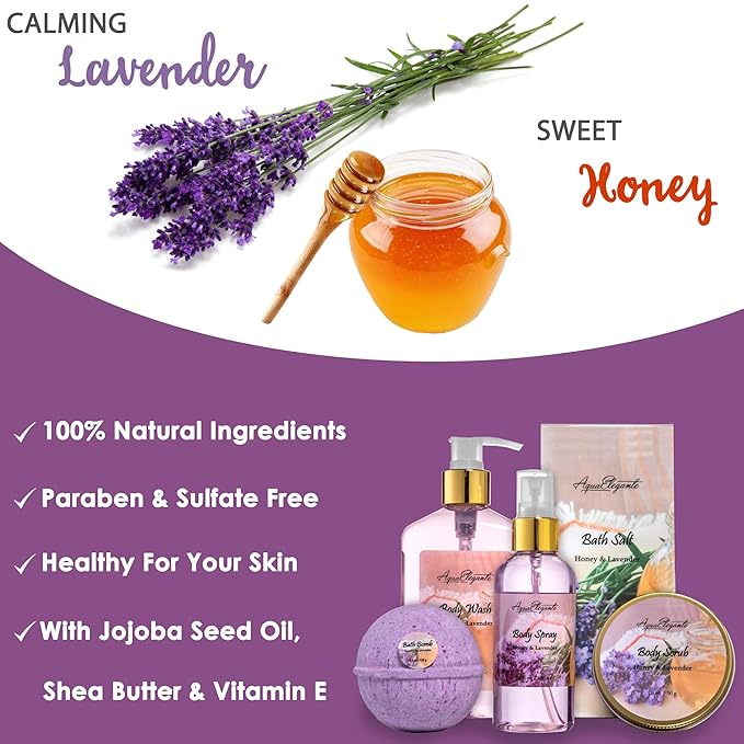 Bath Spa Gift Sets - Luxury Basket With Honey & Lavender - Spa Kit Includes Wash, Bubble Bath, Lotion, Bath Salts, Body Scrub, Body Spray, Shower Puff, Bathbombs, Soap and Towel-VivaGrace Women
