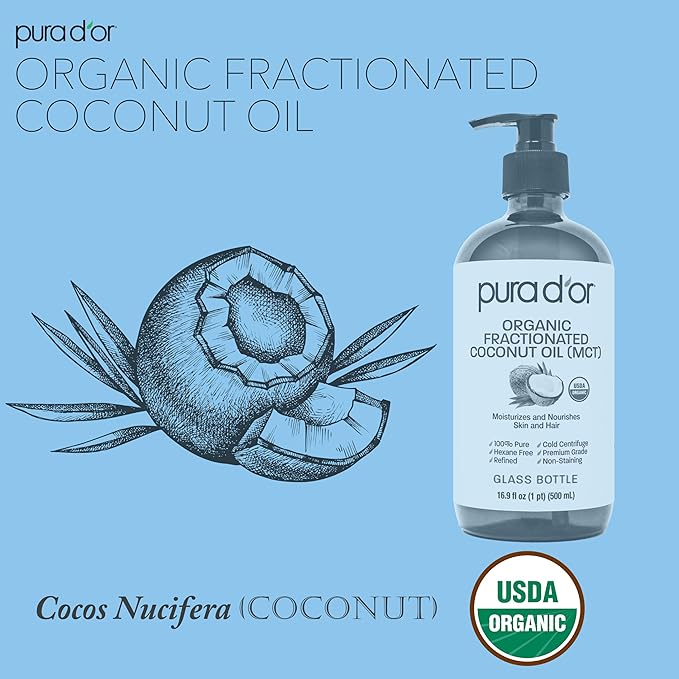 PURA D'OR 16.9 Oz ORGANIC Fractionated Coconut Oil MCT Oil (GLASS BOTTLE) 100% Pure & Natural USDA Certified Cold Pressed - Unscented, Hexane Free Moisturizer For Face, Skin & Hair Tonic - Men & Women-VivaGrace Women